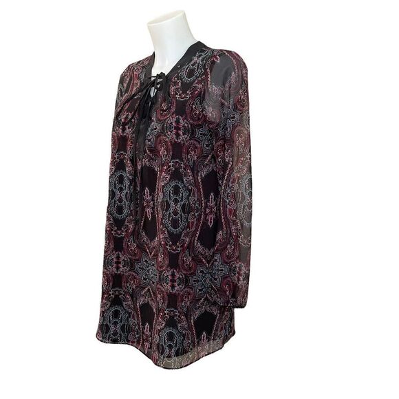 BCBGENERATION Longsleeve chiffon lace front v neck tunic/ dress black paisley XS - Picture 6 of 11